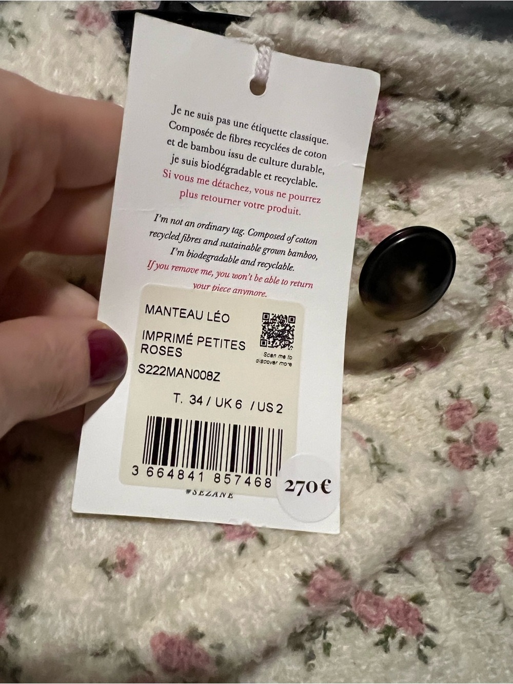 Sézane Leo Coat - Little Roses - Size UK34/US2 NWT - Picture 5 of 8